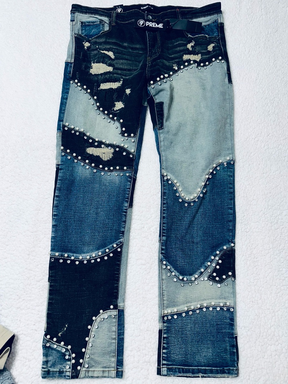 Men's Distressed Patchwork Studded Jeans - Multi Blue
